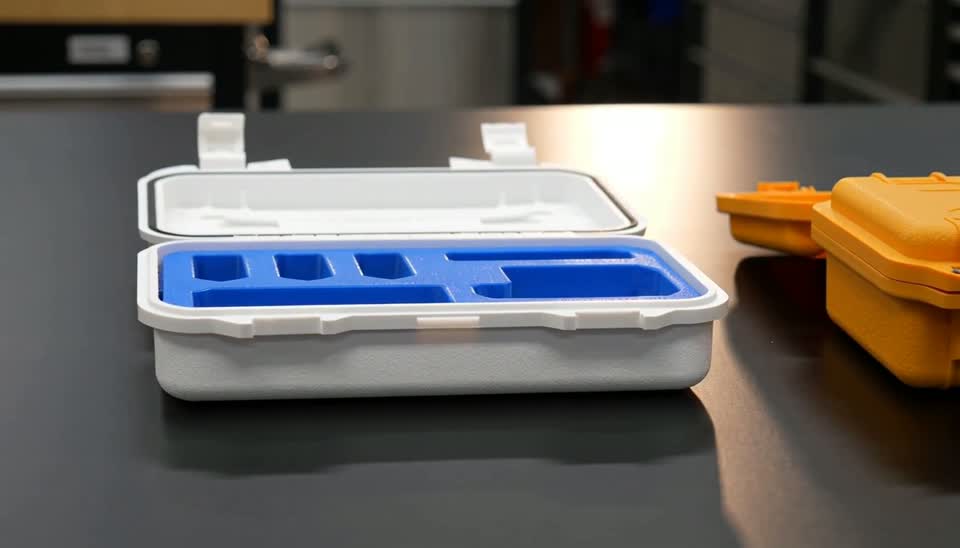 Precision 3D printed storage cases on a workshop bench
