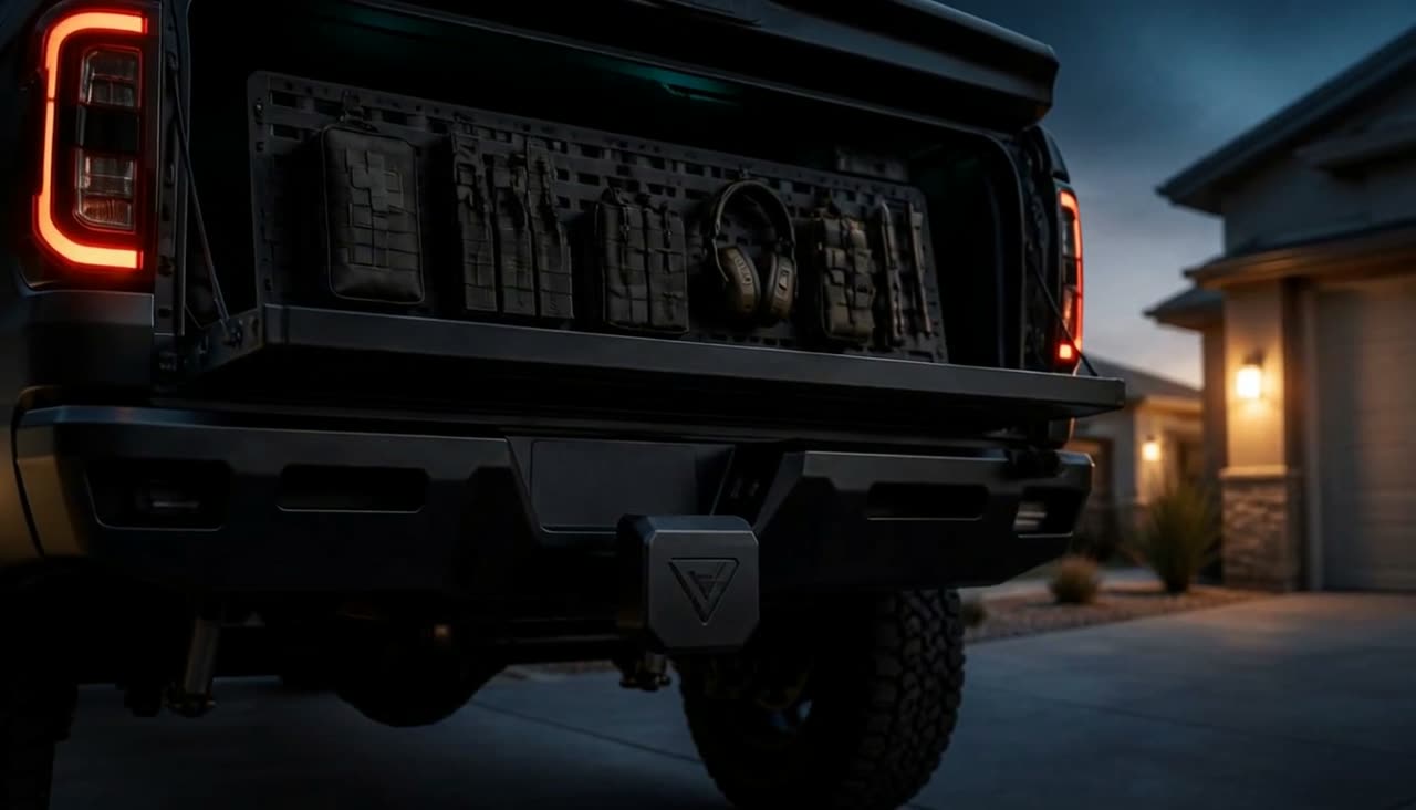 Custom stealth trailer hitch cover mounted on a truck